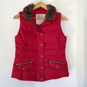EDDIE BAUER Women XS Red Puffer Vest *700 Fill Goose Down* Faux Fur Ski Snow EUC